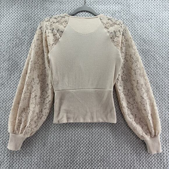 Anthropologie Sweater Womens XS Cream Rib Knit Lace Bishop Long Sleeve Surplice - Picture 7 of 15